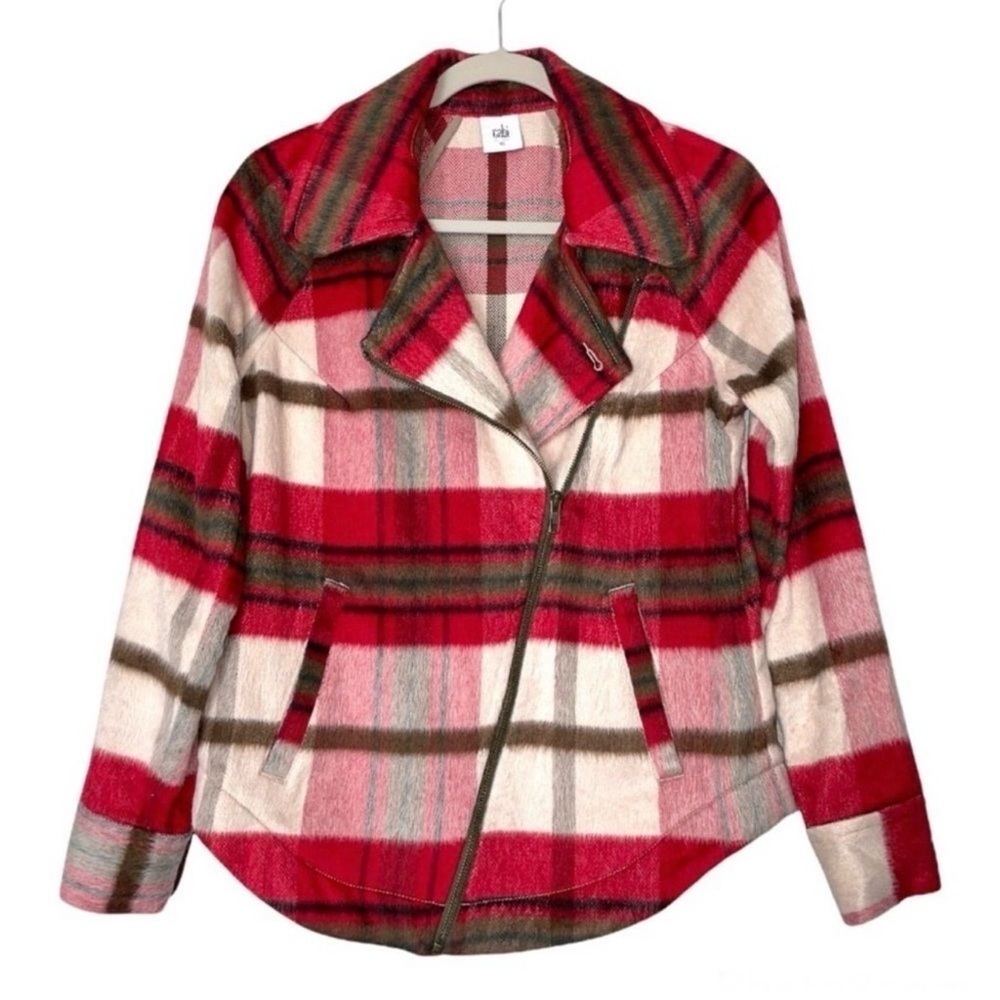 CAbi Red and Cream Plaid Teddy Jacket XS brown lightweight designer coat collar